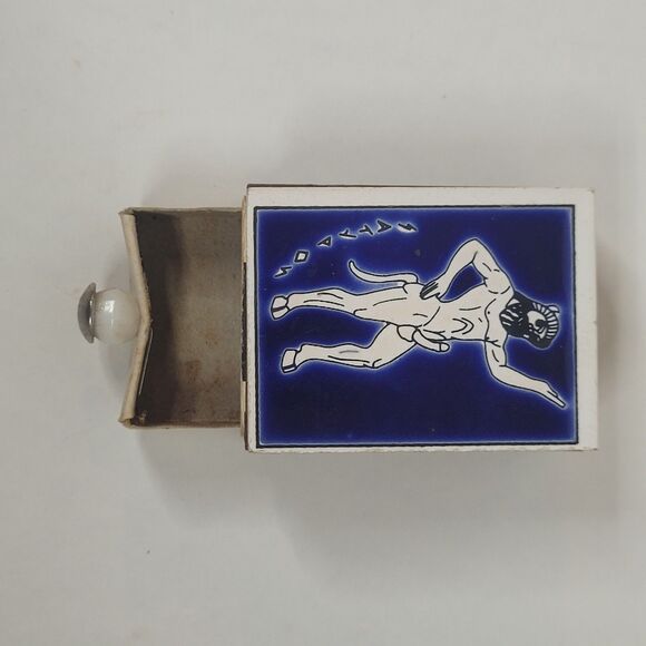 Vintage Satyr Matchbox Handmade in Greece Ceramic Top Drawer Holder Blue White - Picture 2 of 13